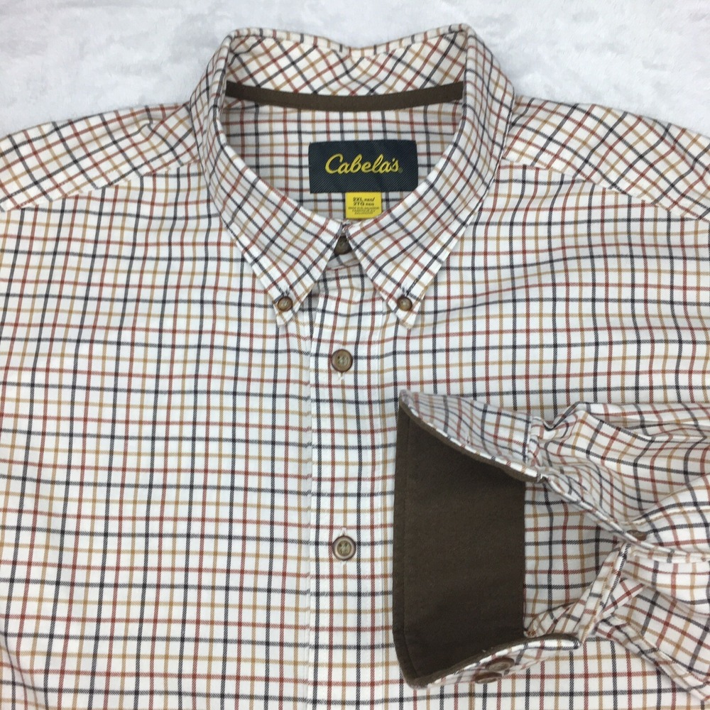 Cabela's Flannel Shirt Mens‎ 2XL Tan Checks w/Brown Suede Accents Regular Fit